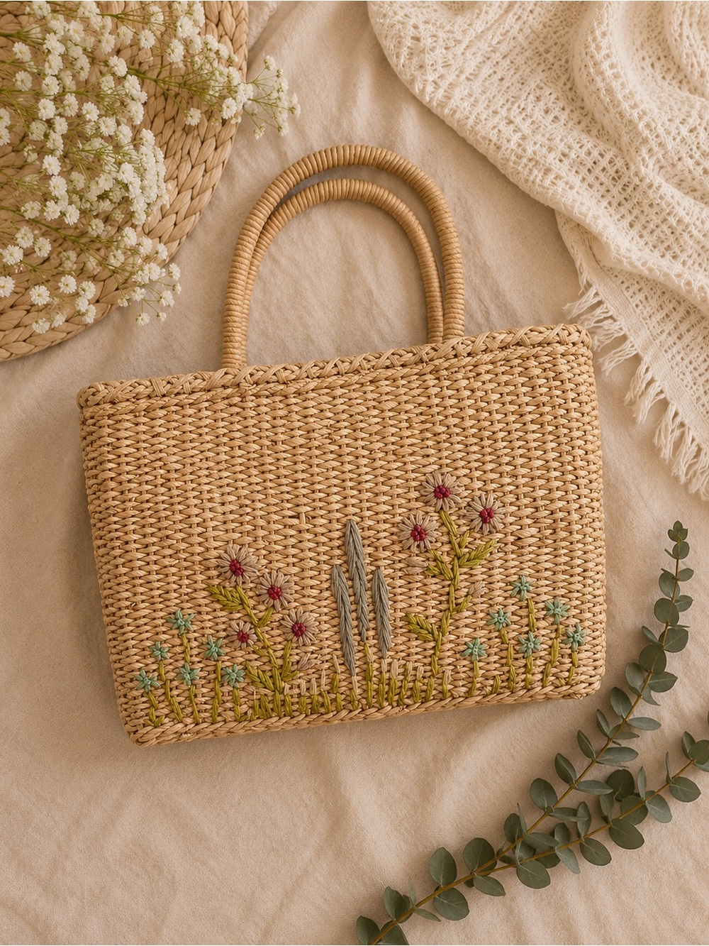 Hand-Embroidered Woven Straw Tote Bag Floral Cornhusk Handbag Cottagecore Boho
